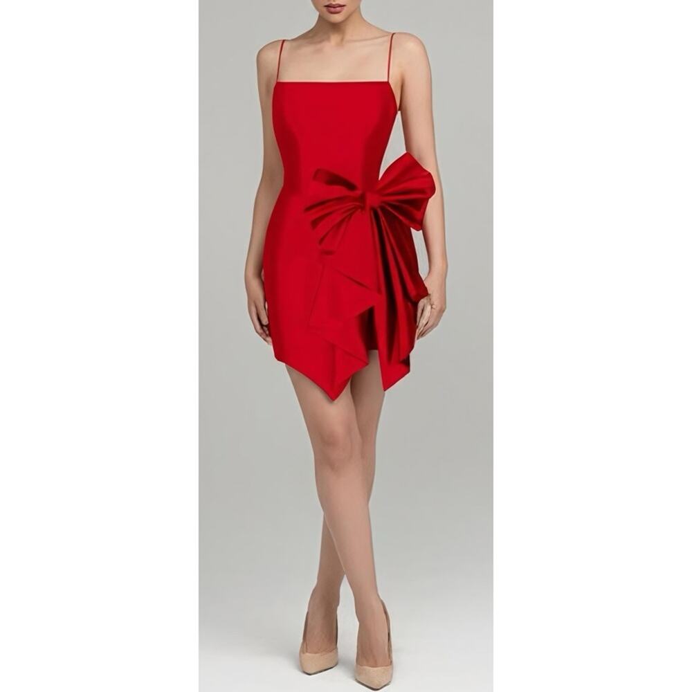 RASARIO Bow Embellished Draped Ruffle Silk Red Mini Dress Size 4